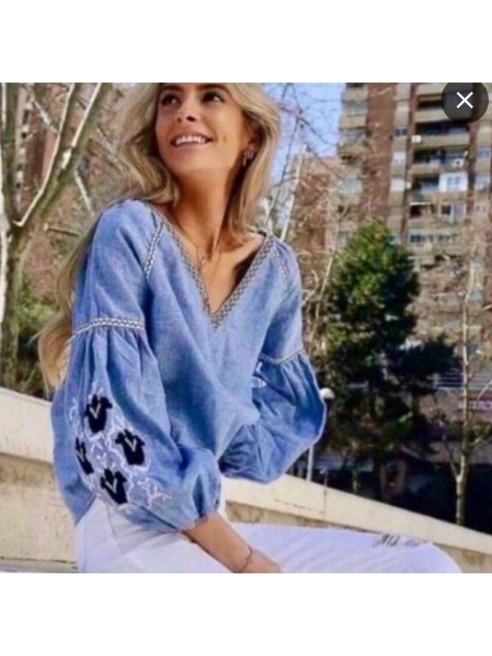 Zara Light Blue V-Neck Embroidered Balloon Sleeve Top